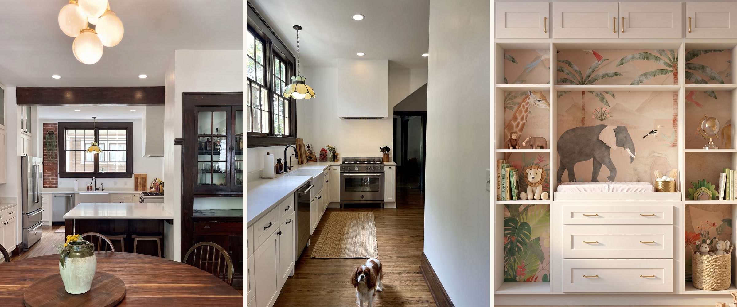 Three Aethan House interiors — the Birmingham dining room and kitchen, the galley range wall, and the Delaney nursery millwork