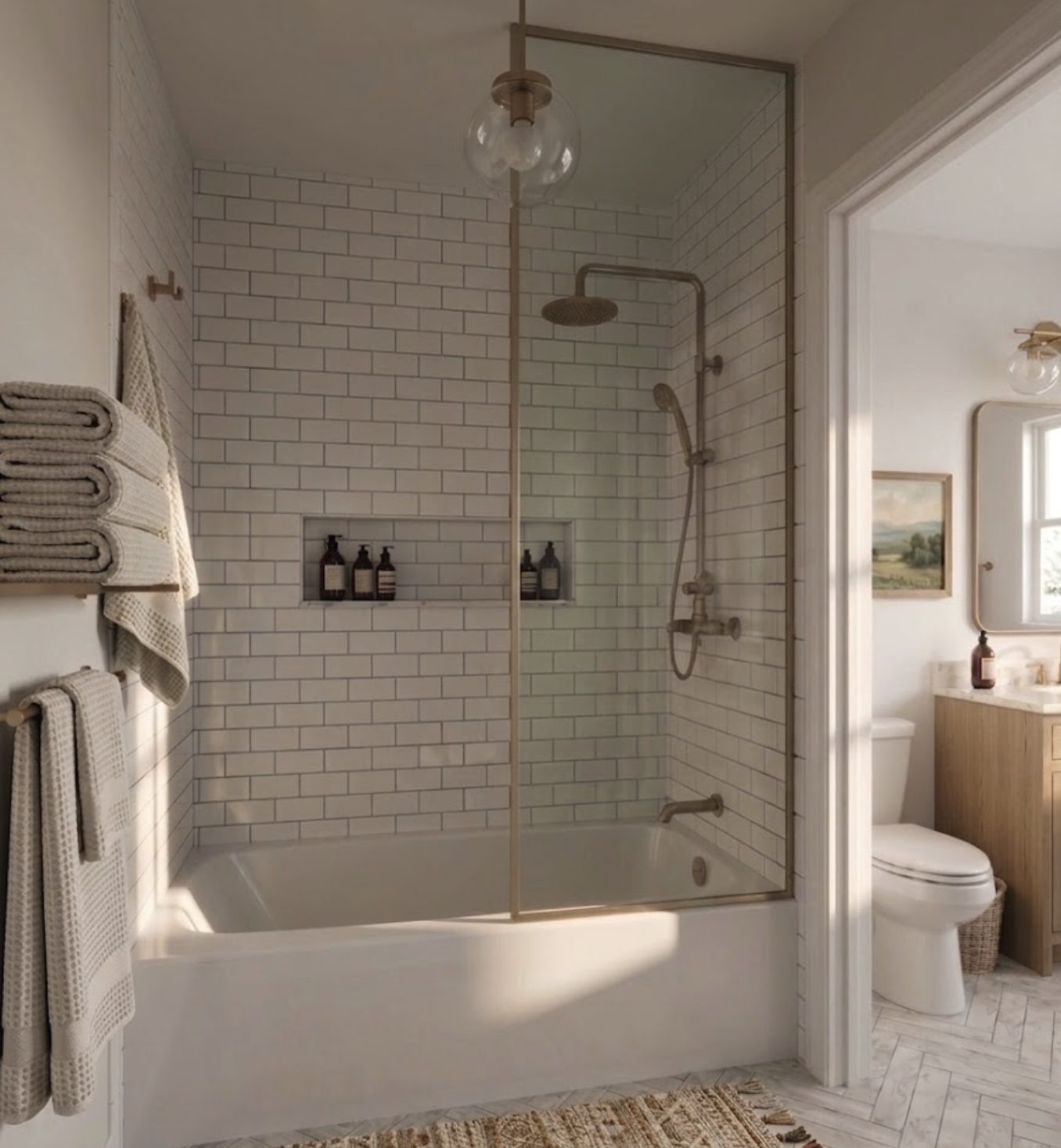 Bath render — subway-tiled tub surround with brass shower fittings and a glass panel