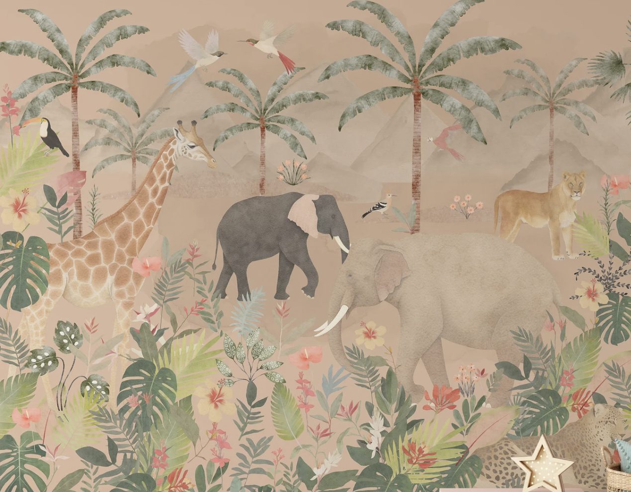 Nursery — the painted jungle mural, palms, elephants and a giraffe on a warm sand ground
