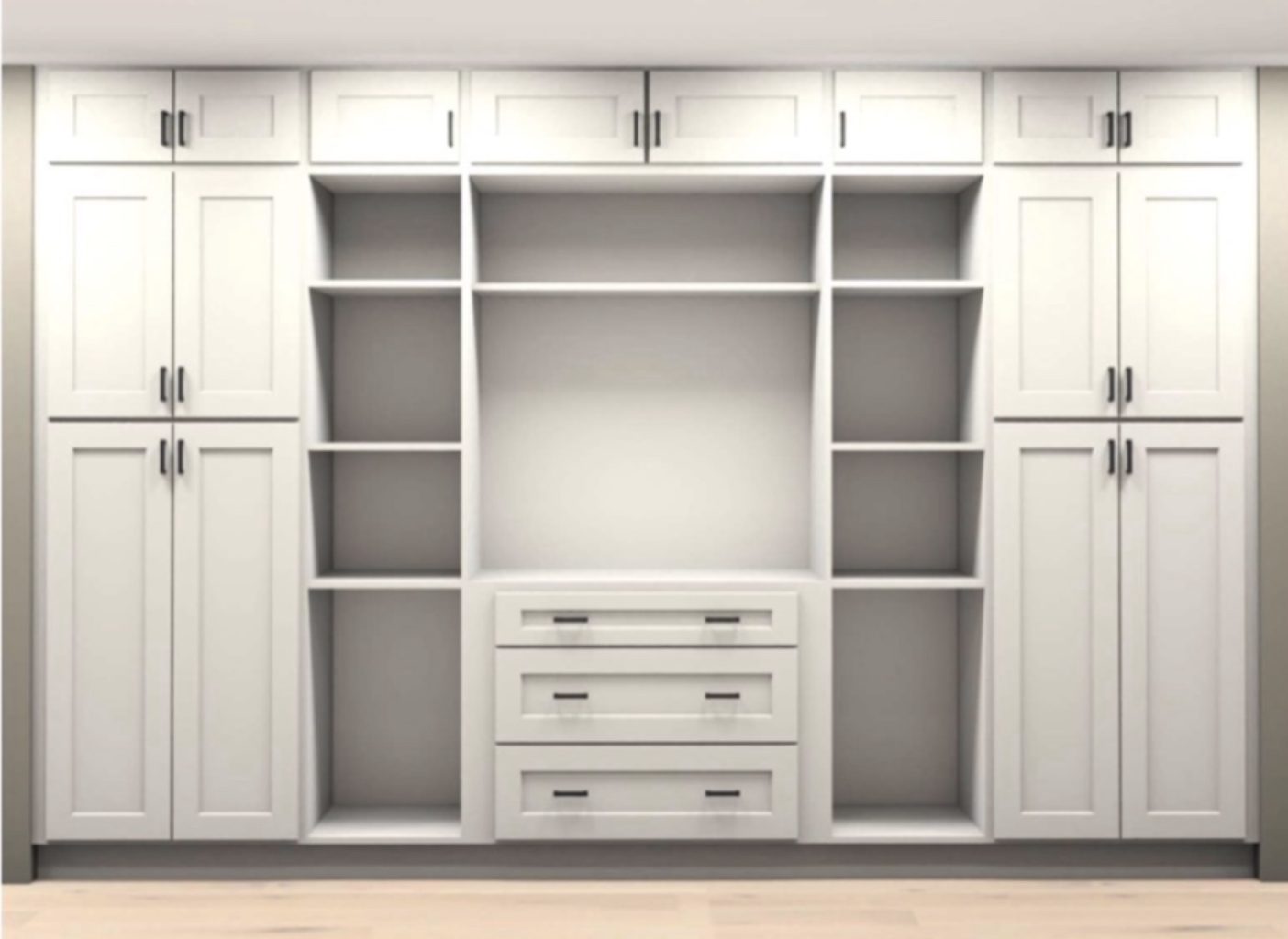 Nursery — millwork elevation showing both closet towers, the open bays, and the drawer bank
