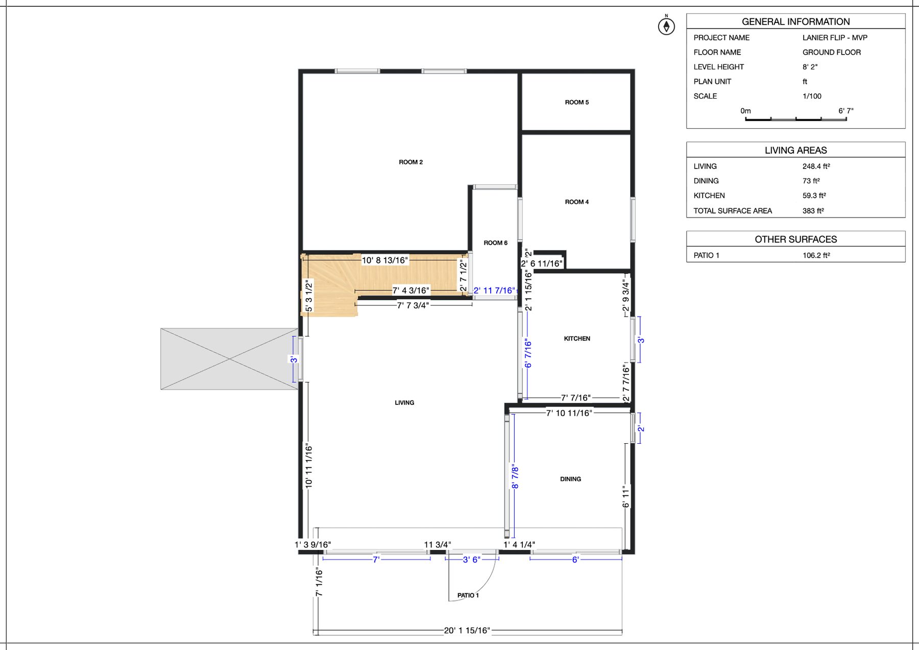 Lake Lanier — floor plan study with room dimensions, kitchen zone and circulation