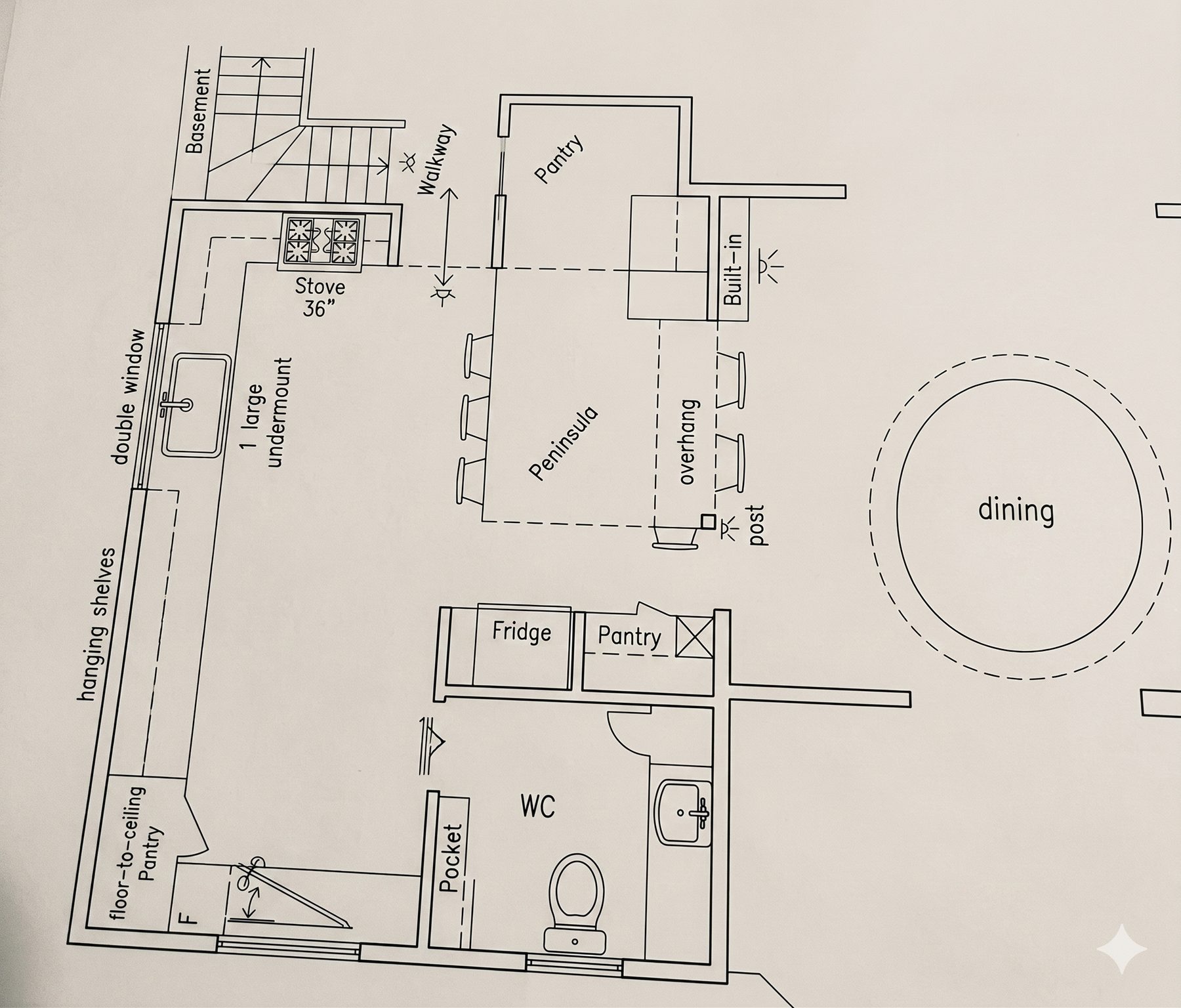 Birmingham kitchen — hand-drawn floor plan study with annotated dimensions, zones, and circulation