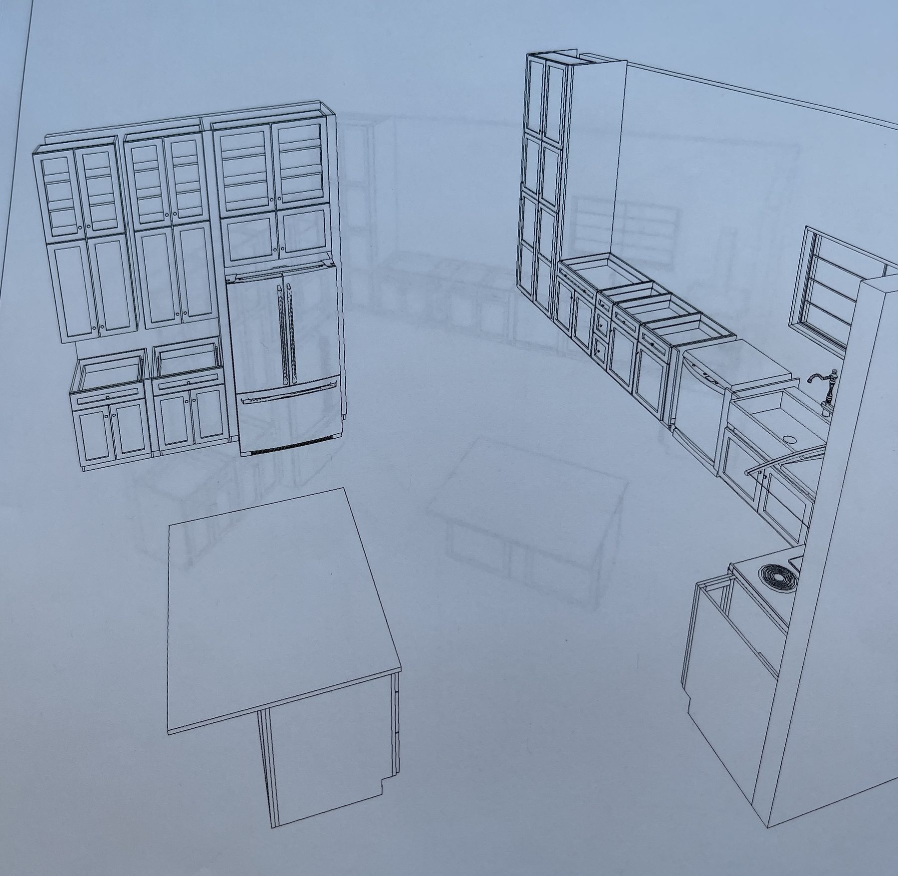 Birmingham kitchen — perspective concept drawing of cabinetry layout, island, and pantry wall