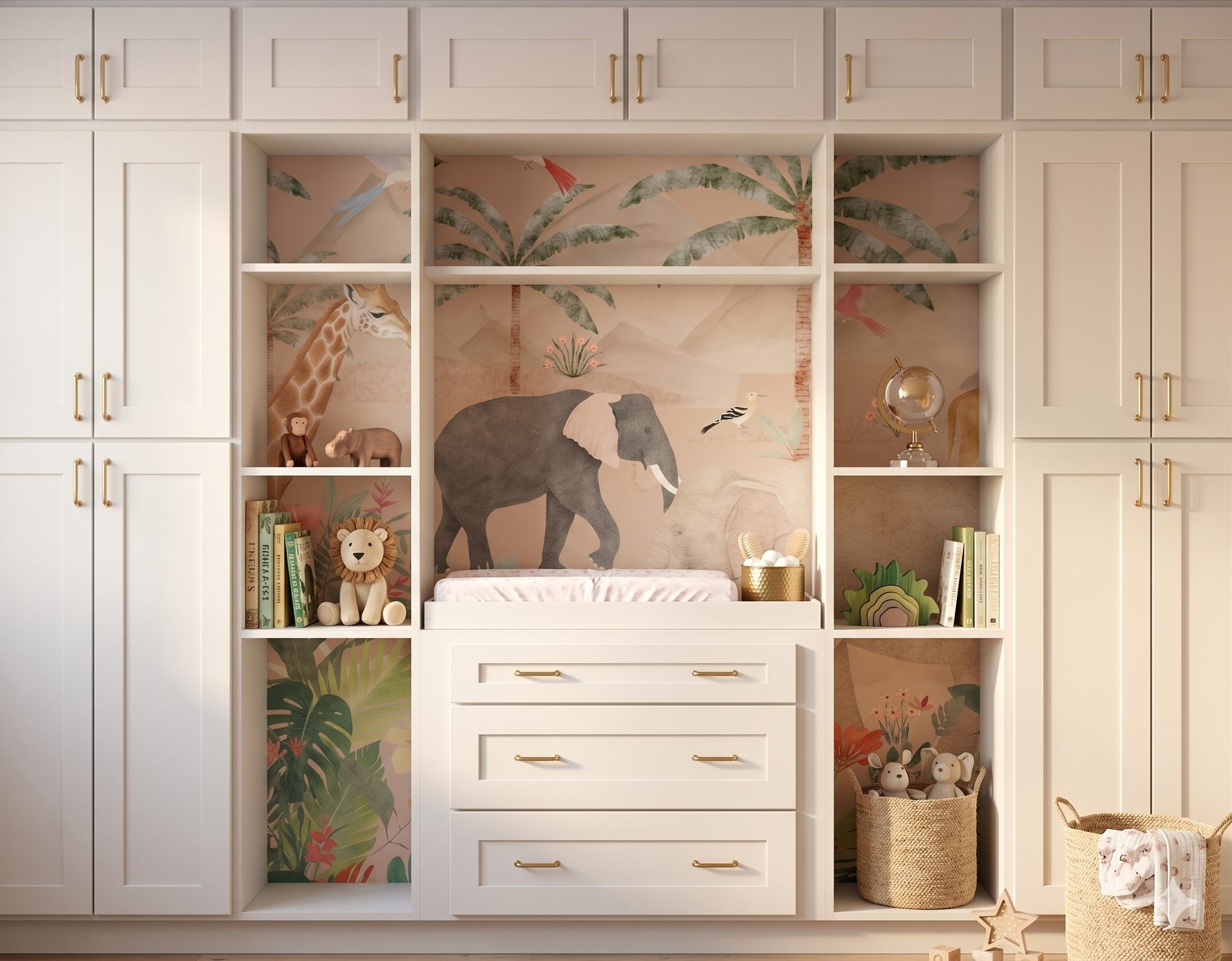 Delaney's nursery — styled built-in millwork wall with watercolor jungle wallpaper, plush animals, books, and globe