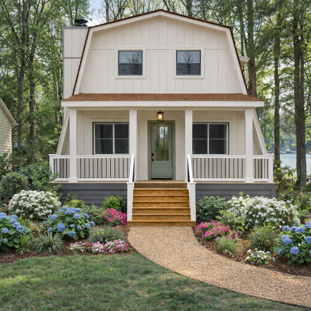 Lanier Lake House — finished exterior, cream board-and-batten gambrel with green door and wraparound porch