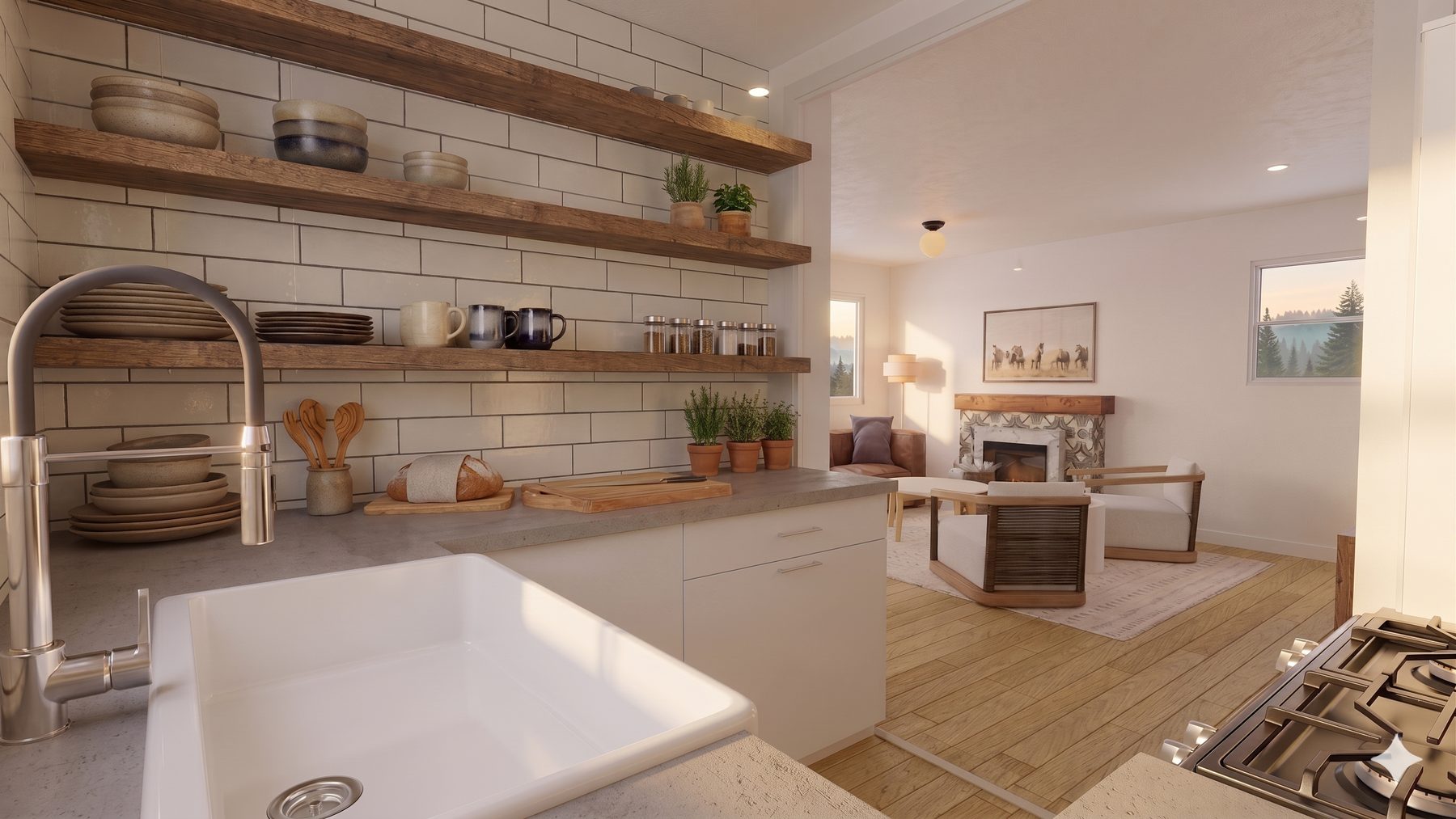 Lanier — kitchen detail concept with reclaimed wood open shelves, white subway tile, farmhouse sink, and view to the living room