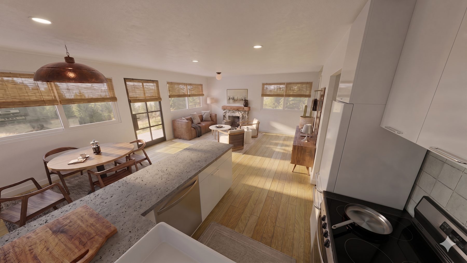 Lanier — open-plan kitchen, dining and living concept render with copper pendants, round dining table, and fireplace beyond