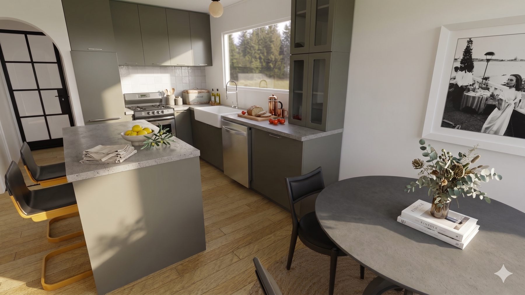 Lanier — sage Shaker kitchen direction with grey-green cabinets, oak floors, round dining table, and gallery wall